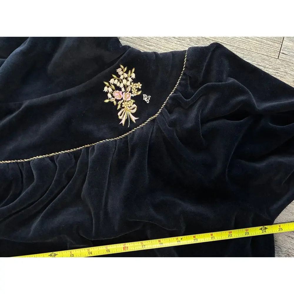 VTG Christian Dior Velour Luxury Loungewear Floral Embroidery Navy Blue Large